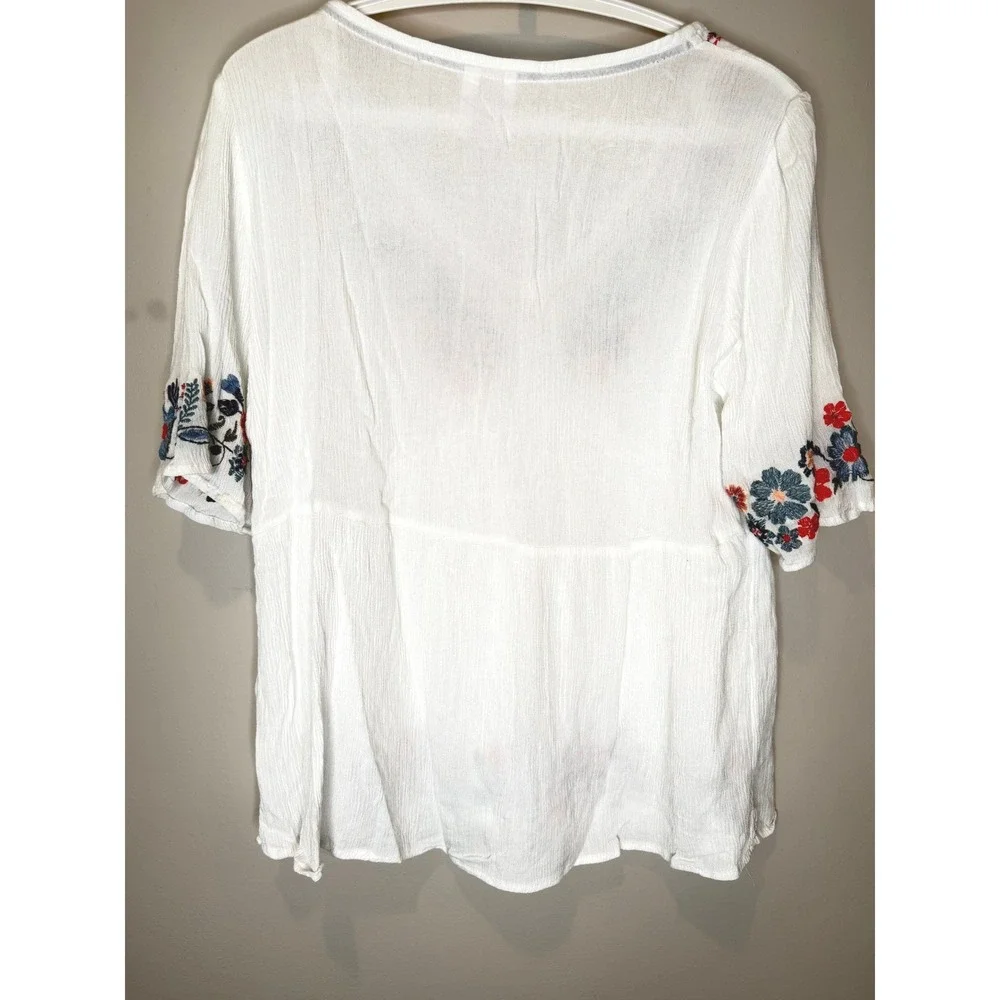Knox Rose Embroidered Boho Peasant Guaze Top White Floral Large - Picture 5 of 6